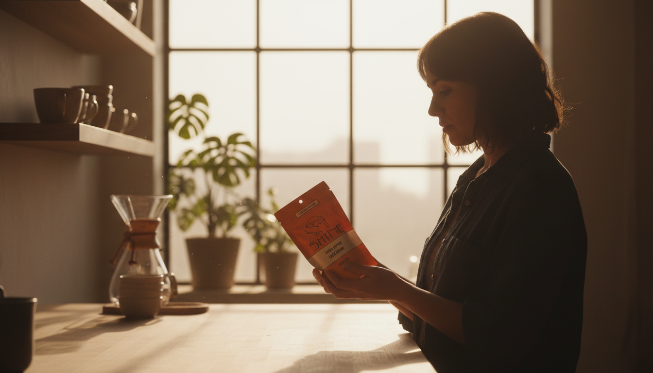 Person examining mushroom coffee packaging in modern kitchen, morning light streaming through window