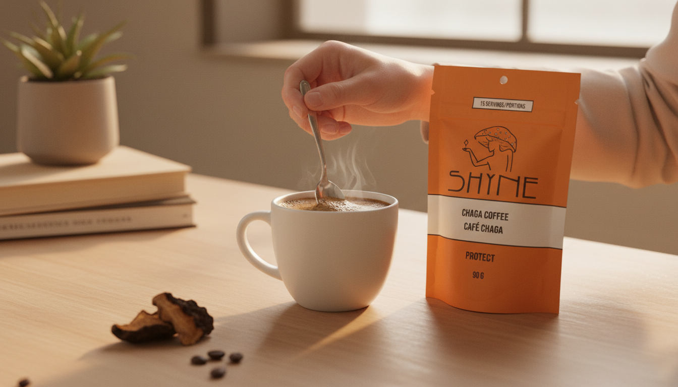 Close-up of mushroom coffee being stirred in white ceramic mug, cozy morning atmosphere