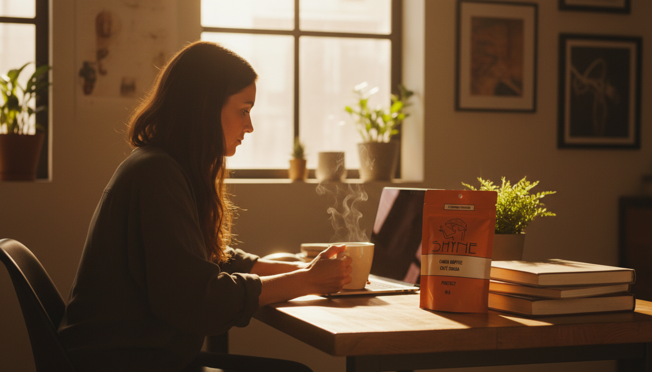 Lifestyle scene of person working at home office with steaming mug of Shyne coffee, natural lighting