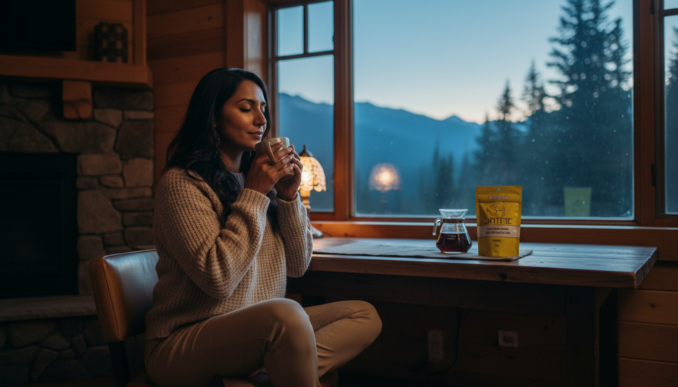 Professional woman enjoying mushroom coffee at home office desk, morning light