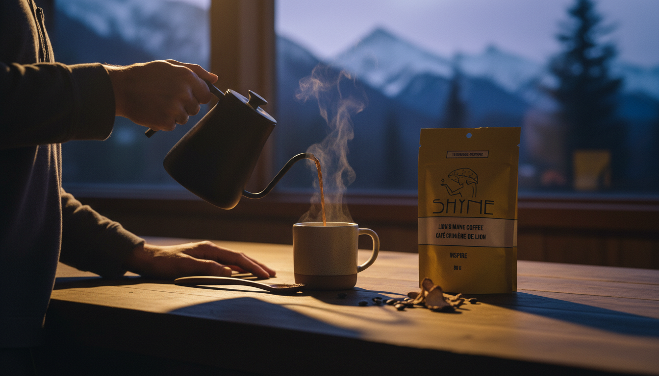 Close-up of mushroom coffee being prepared in modern kitchen