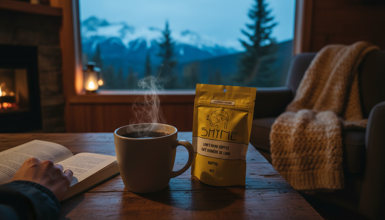 Cozy lifestyle scene with Shyne coffee product and relaxed morning atmosphere