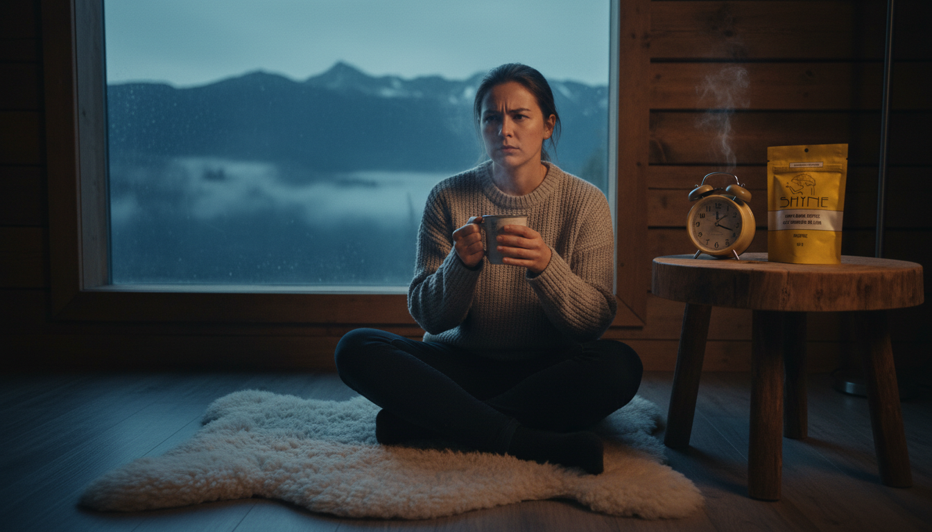 Person enjoying morning mushroom coffee while checking clock during daylight saving transition