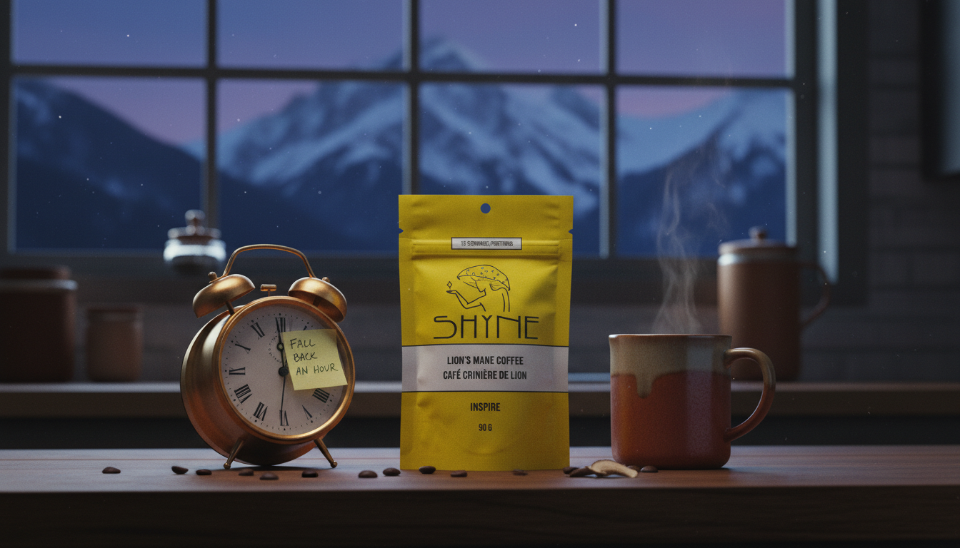 Kitchen counter setup with mushroom coffee and clock showing time change preparation