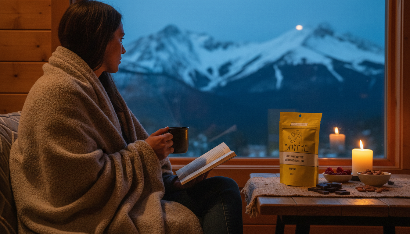 Cozy afternoon scene with person taking break from work with mushroom coffee and healthy snacks
