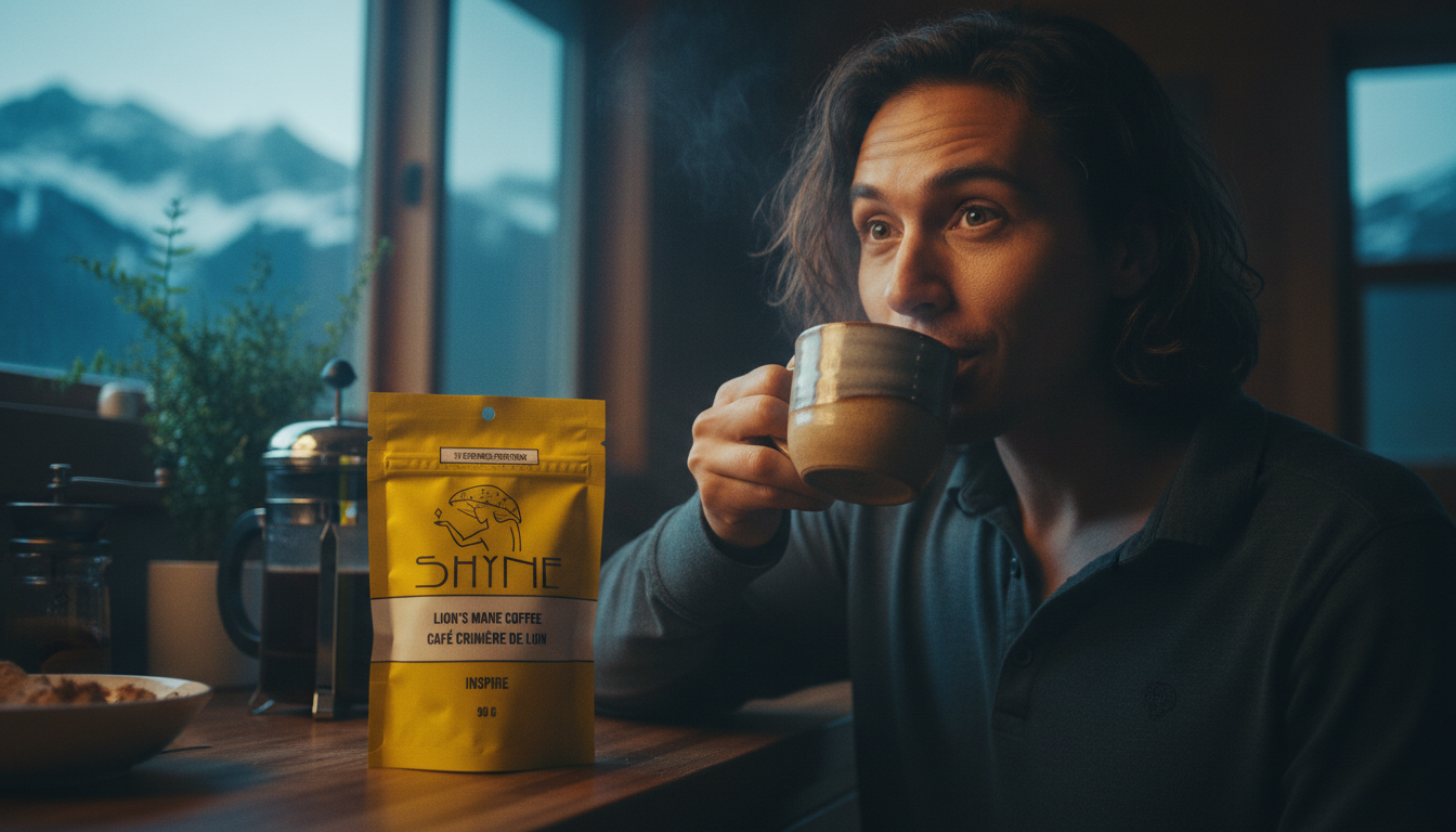 Person taking first sip of mushroom coffee with surprised pleasant expression, morning kitchen setting