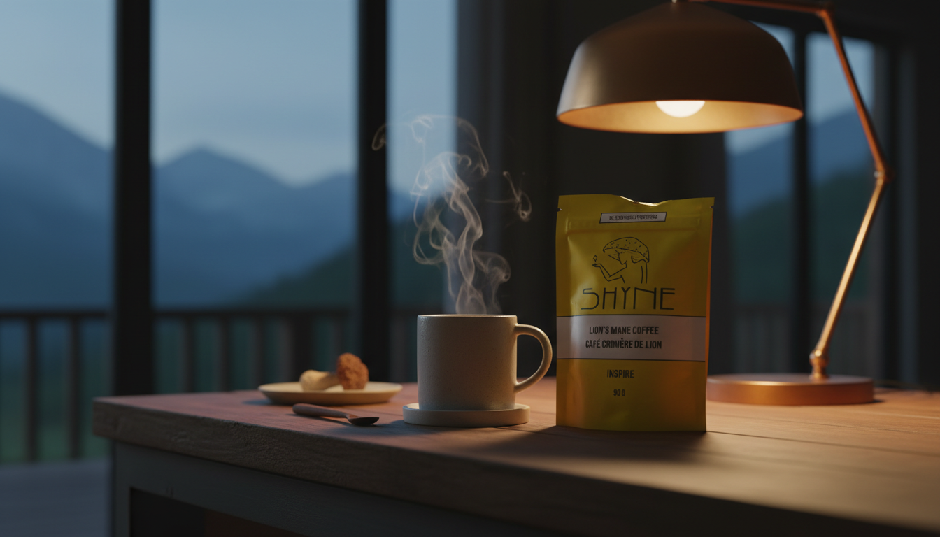 Close-up of mushroom coffee being prepared with steam rising, modern kitchen counter
