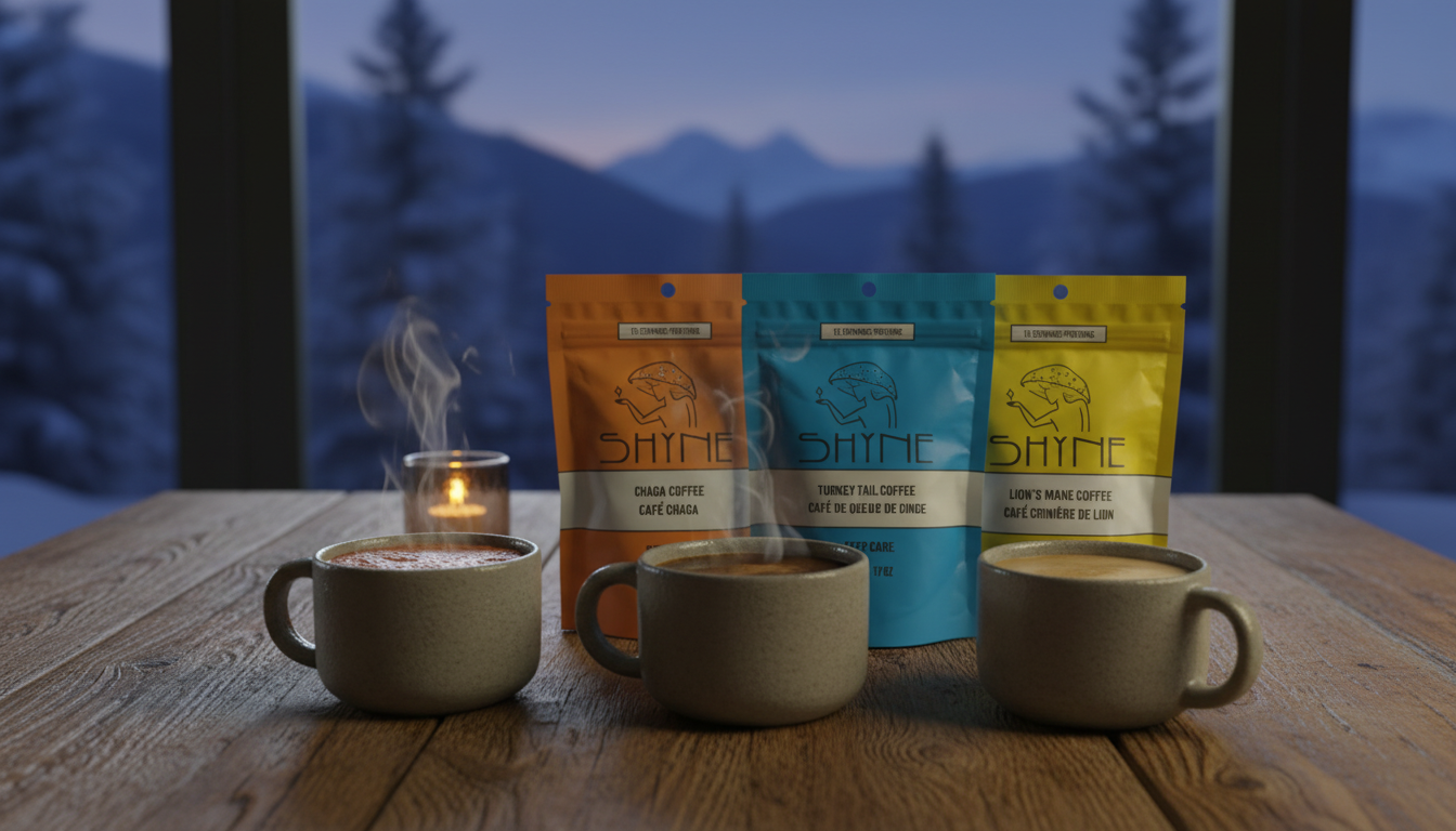 Three cups of different mushroom coffee blends side by side on wooden table, cozy morning light