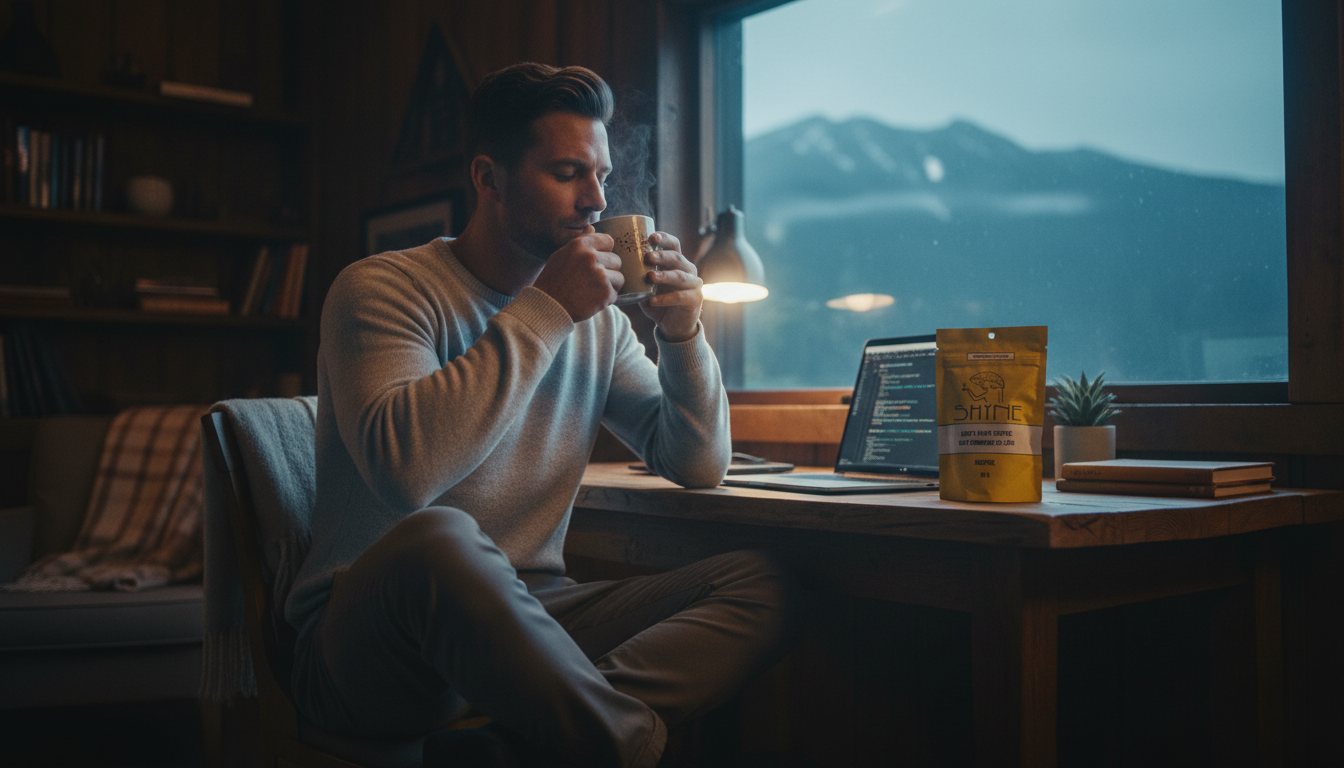 Person enjoying mushroom coffee at home office desk, morning light, focused and energised