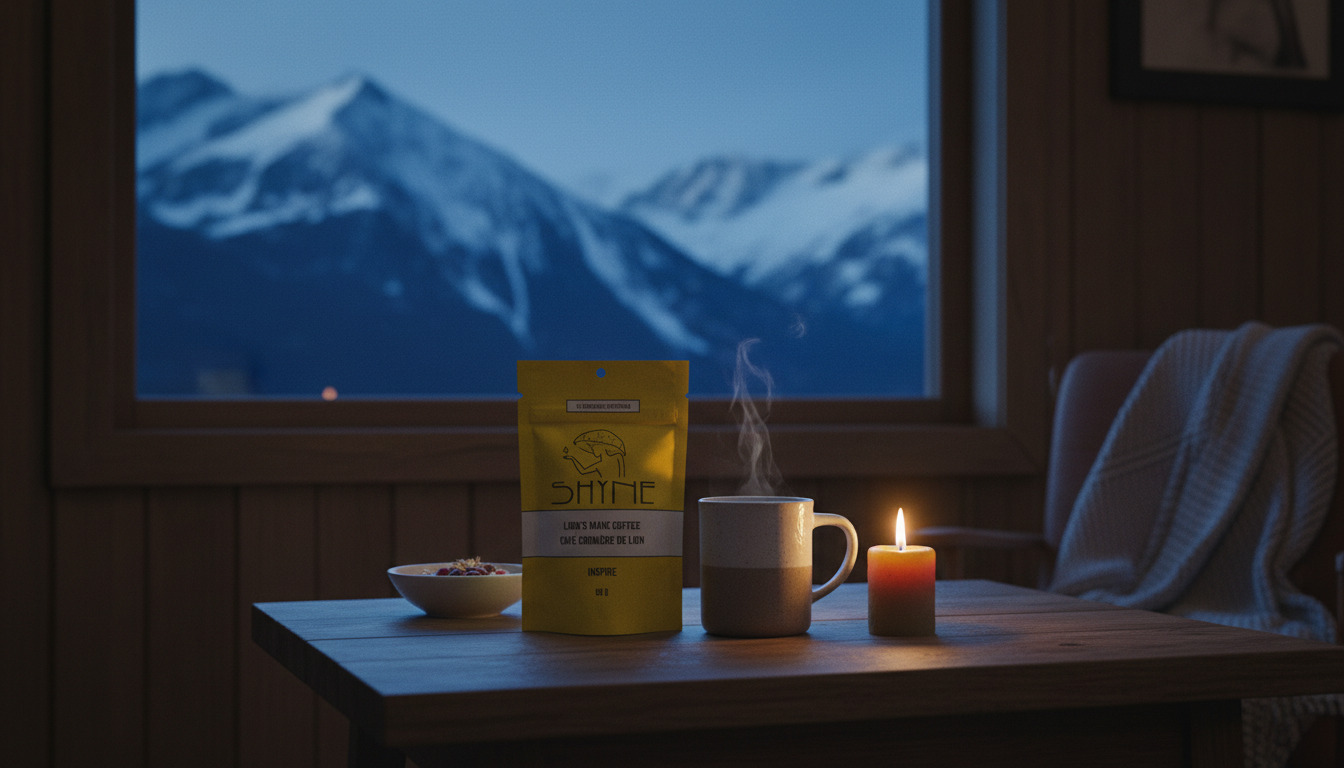 Cozy lifestyle scene with Shyne coffee products and relaxed morning atmosphere, natural lighting