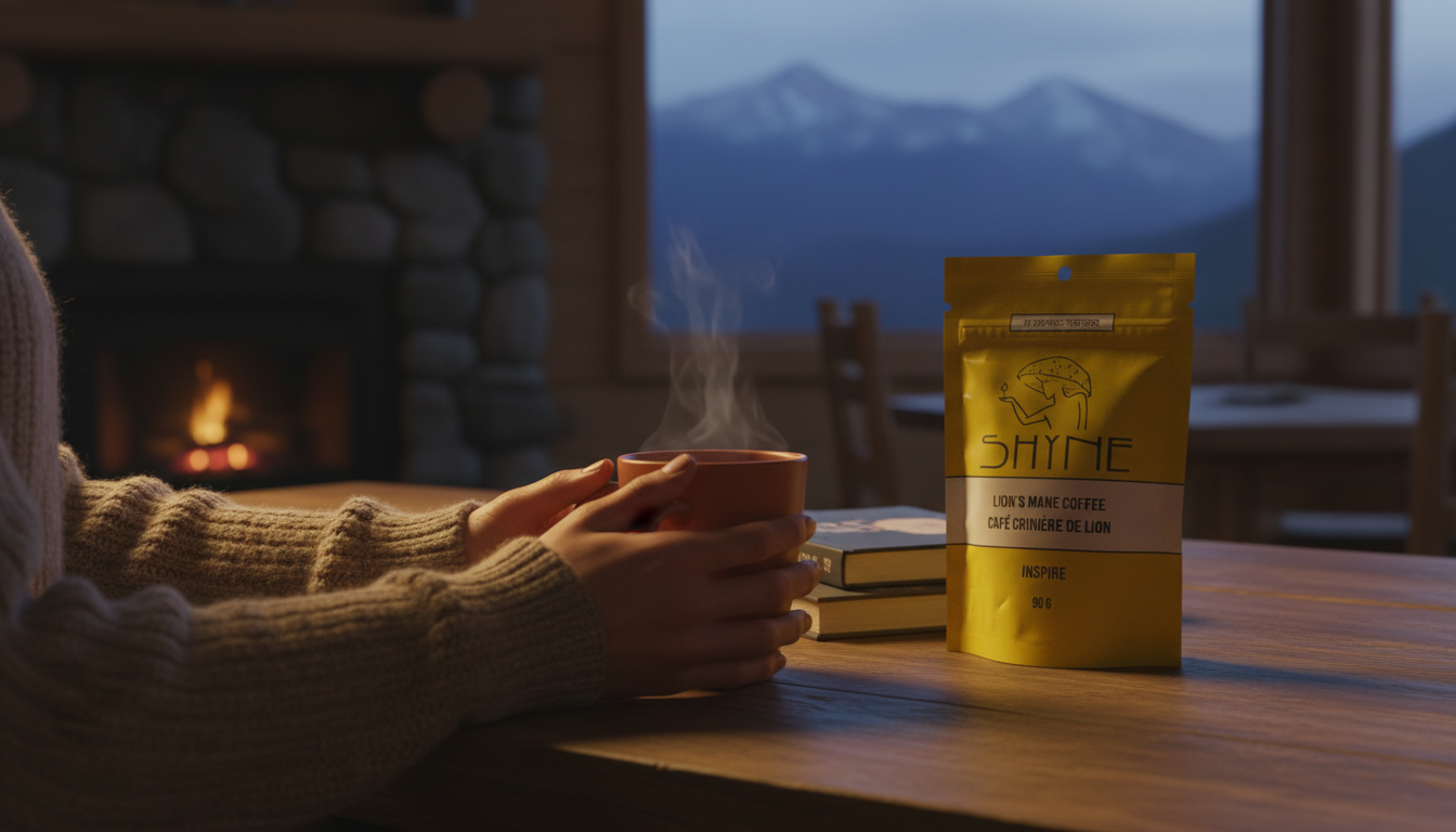 Person holding a warm cup of mushroom coffee in cozy morning kitchen with natural light