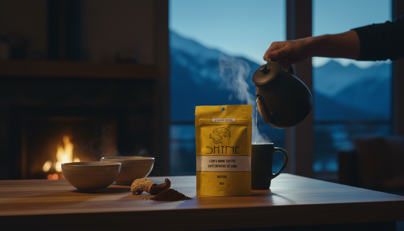 Morning routine setup with mushroom coffee preparation on clean kitchen counter