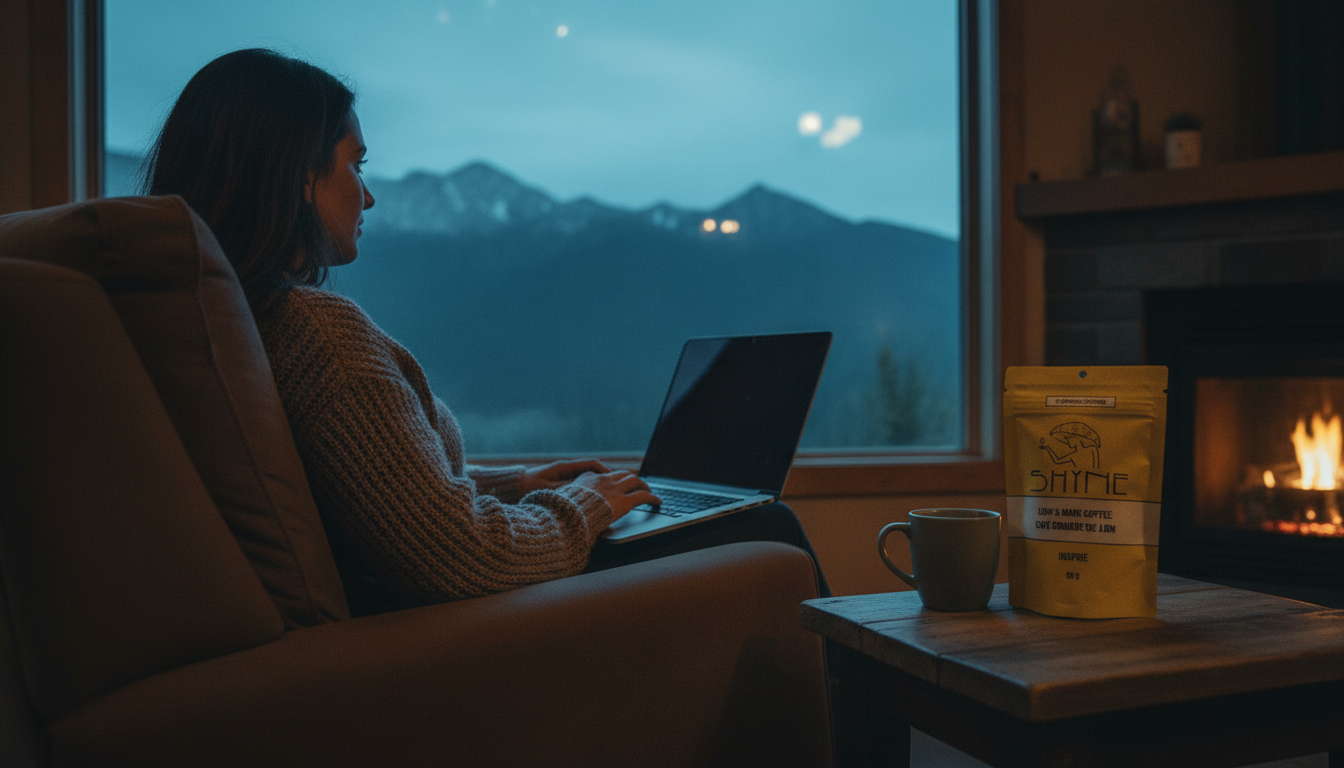 Relaxed person working at laptop with mushroom coffee nearby, afternoon natural lighting
