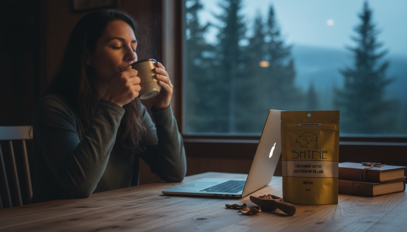 Person enjoying mushroom coffee at home office desk with morning light streaming in