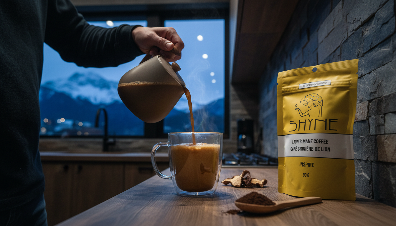 Close-up of mushroom coffee being prepared in modern kitchen with natural lighting