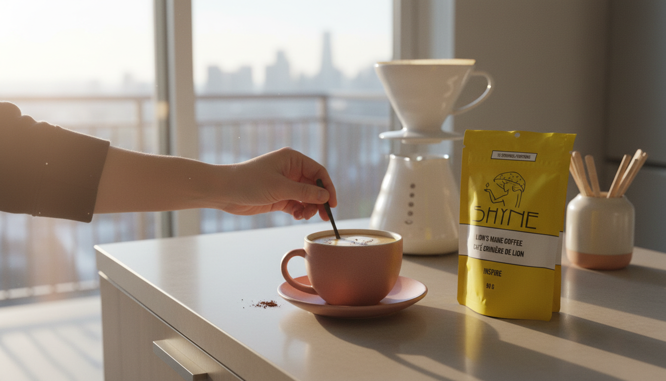 Close-up of mushroom coffee being prepared in modern kitchen with morning light