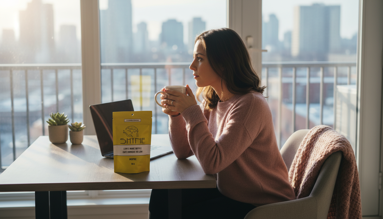Person enjoying mushroom coffee at home office desk with natural morning light streaming in
