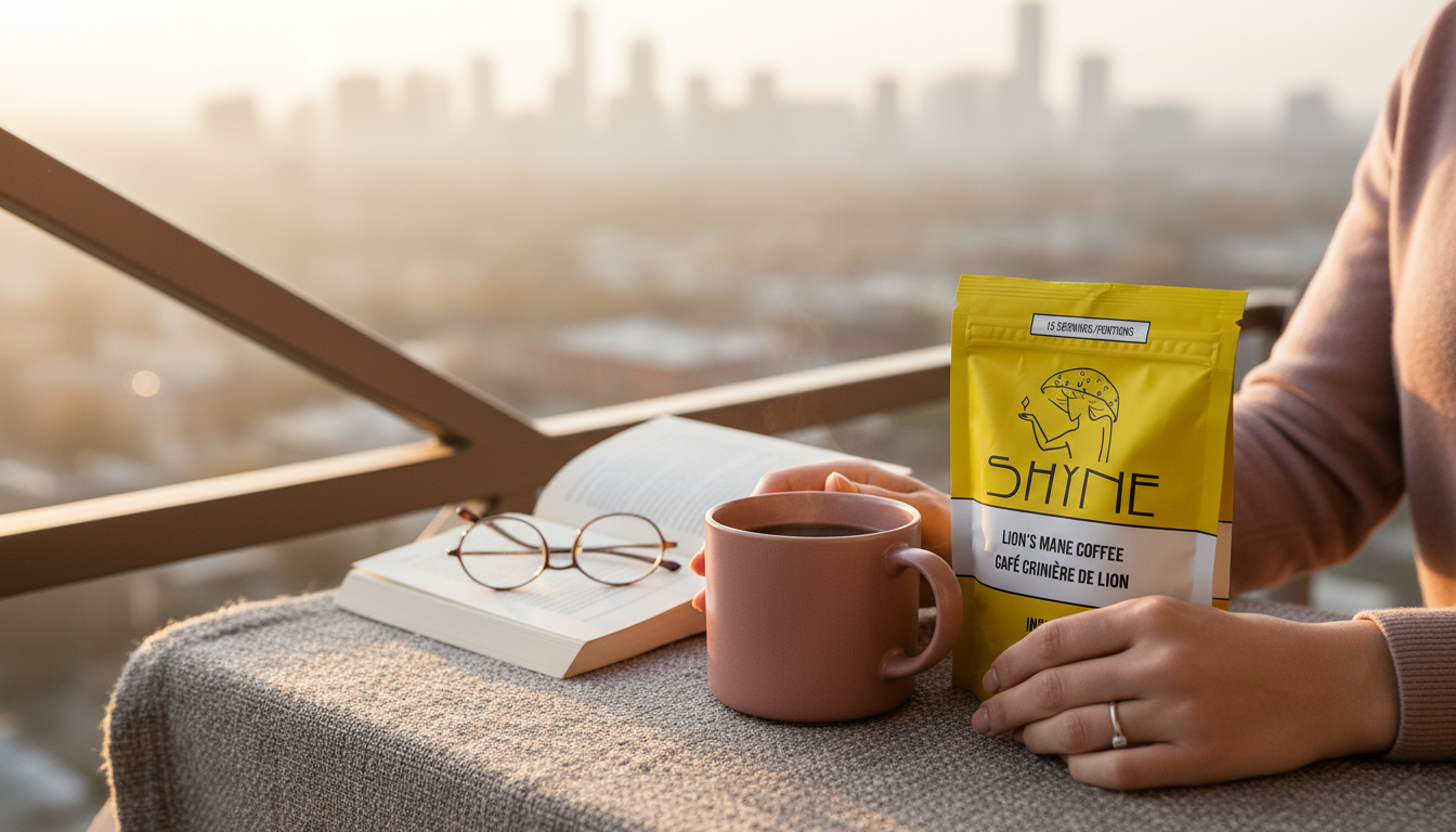 Cozy lifestyle scene with Shyne coffee product and relaxed morning atmosphere