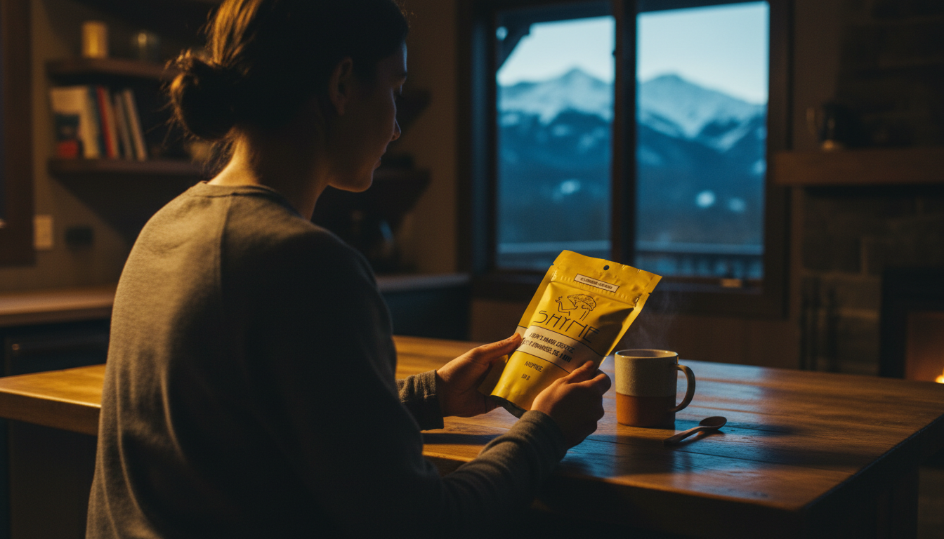 Person examining mushroom coffee label while sitting at kitchen counter with morning light