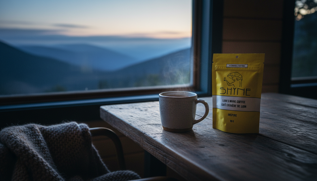 Cozy morning scene with mushroom coffee mug on wooden table with natural lighting