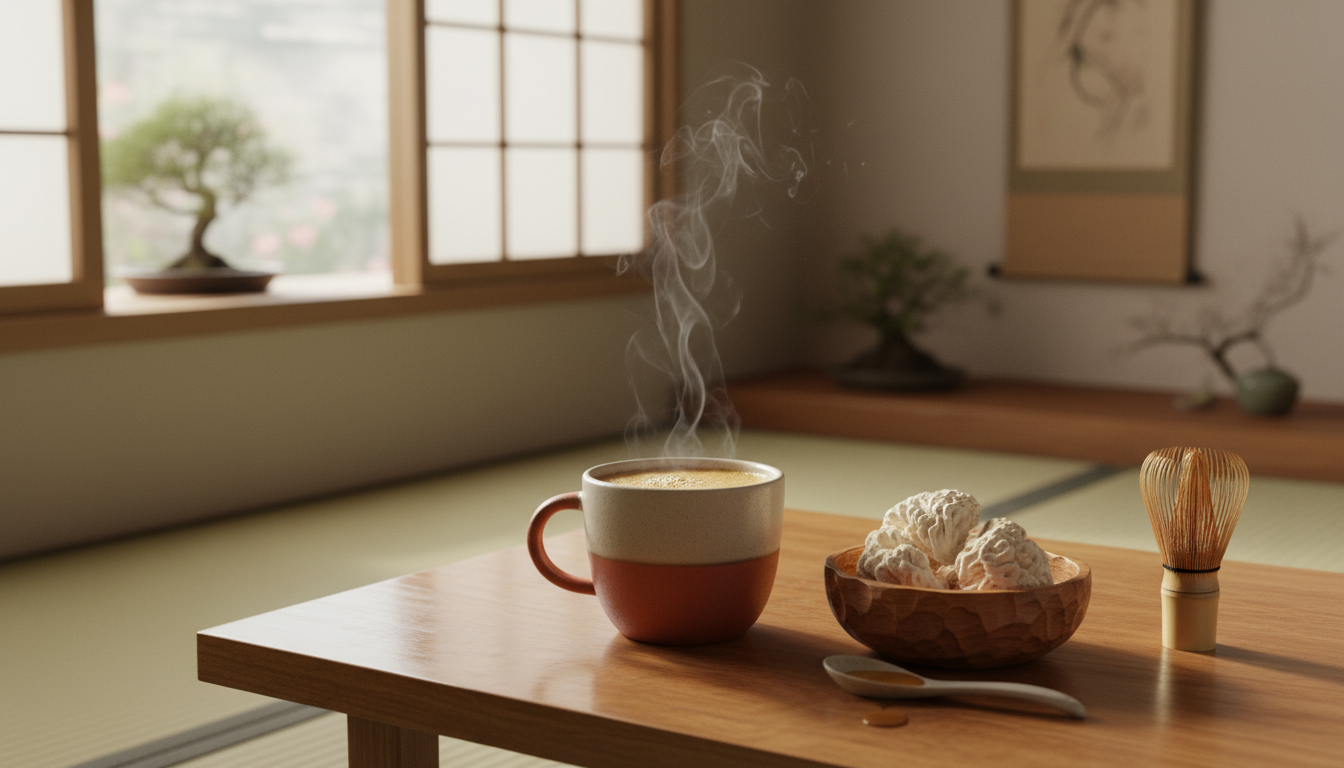 Close-up of Lion's Mane mushroom coffee being prepared in ceramic mug, steam rising