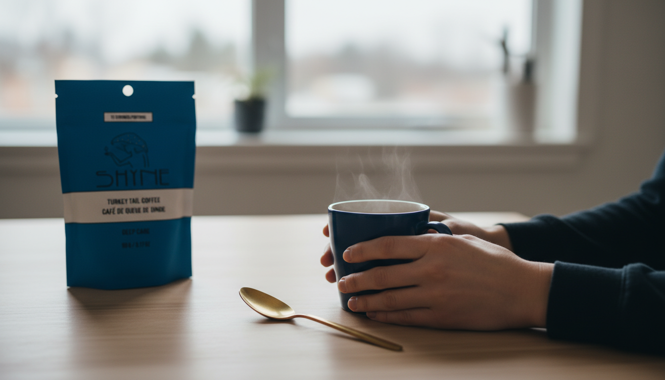 Person enjoying a peaceful morning with mushroom coffee at kitchen table, soft natural lighting