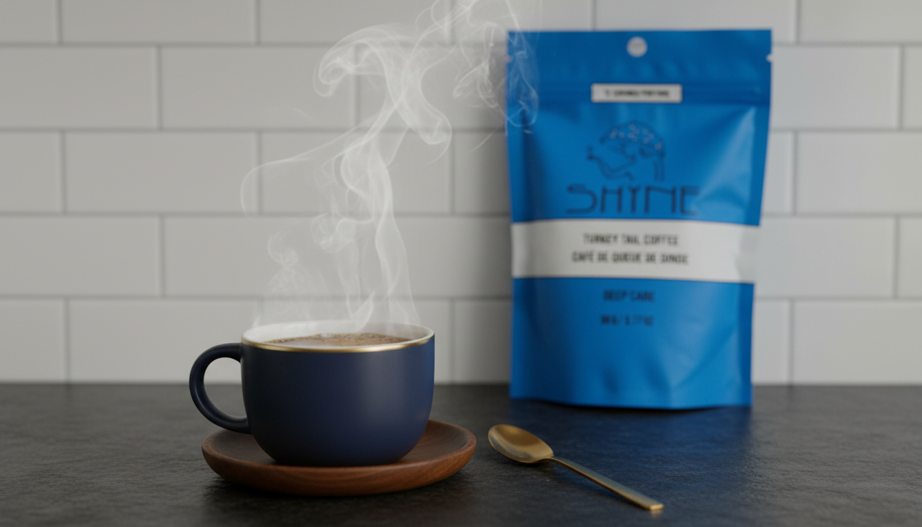 Close-up of mushroom coffee being prepared in modern kitchen with steam rising from cup