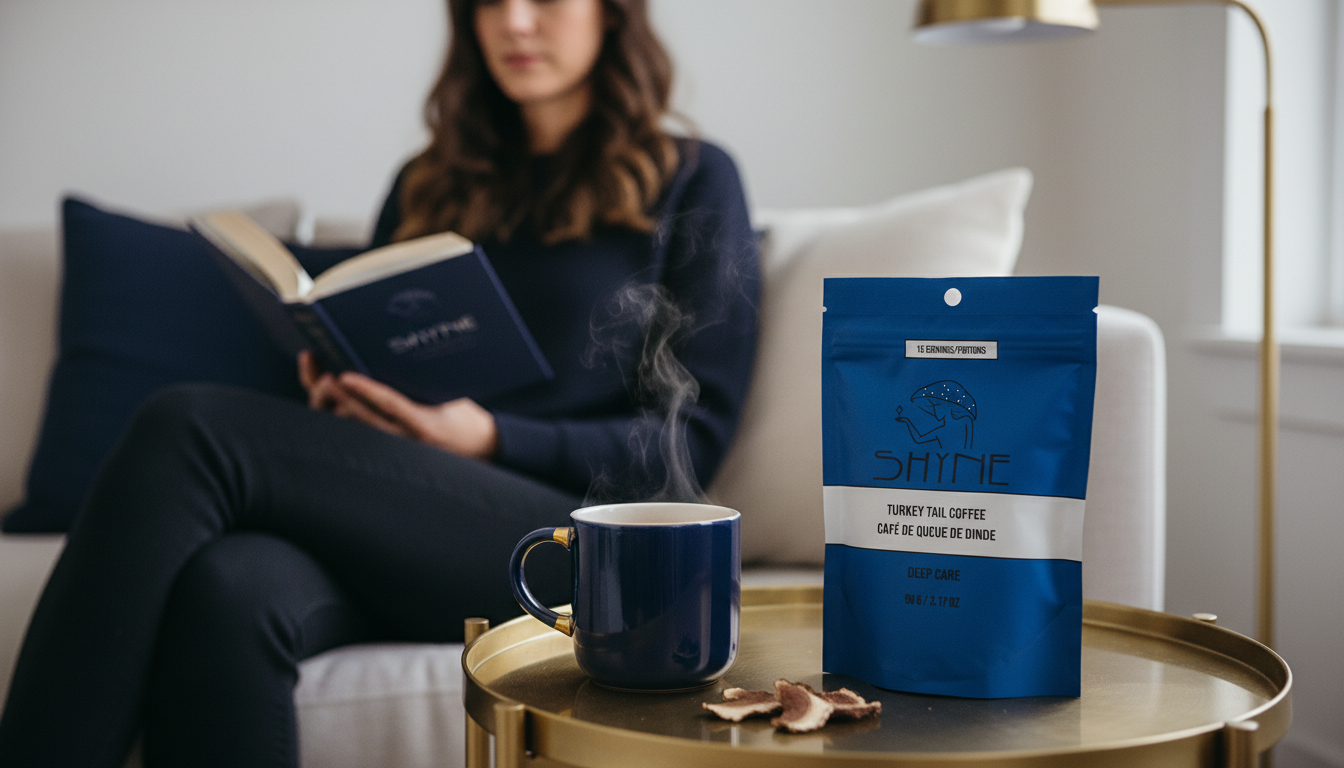 Cozy morning scene with person reading and enjoying mushroom coffee in comfortable living room setting