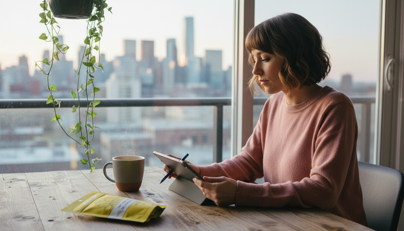 Person with ADHD working peacefully at home office with mushroom coffee, morning light streaming through window