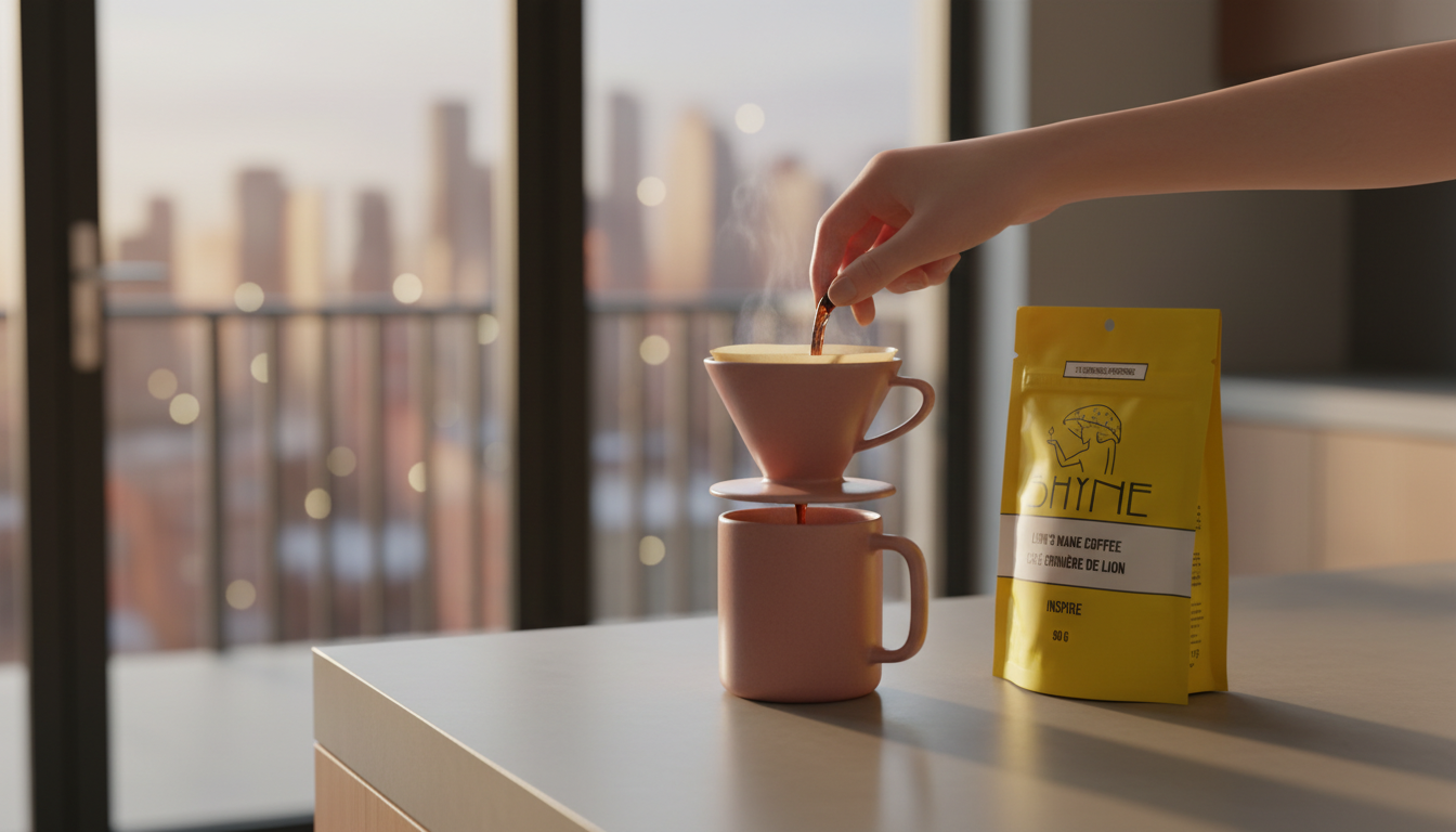 Close-up of Lion's Mane coffee being prepared in modern kitchen, steam rising from cup