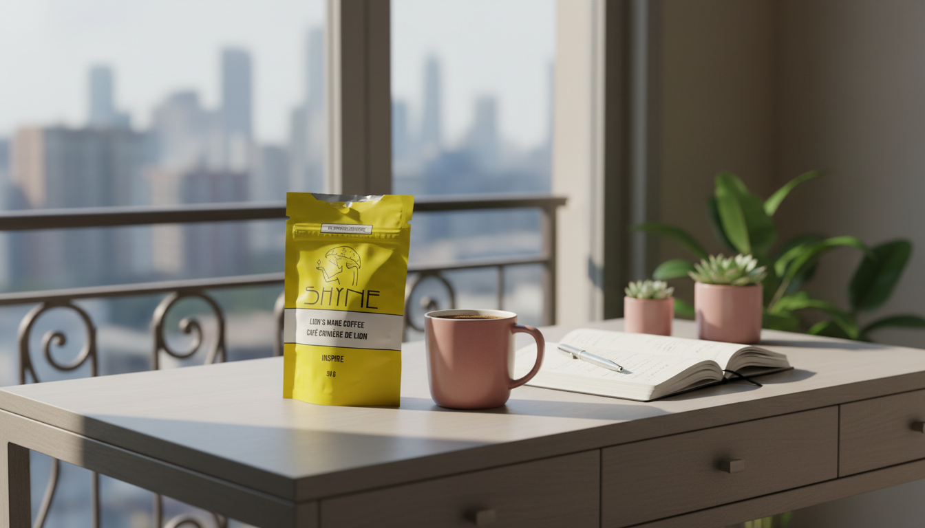 Peaceful workspace with Shyne coffee product, organized desk setup, natural lighting creating calm productive atmosphere