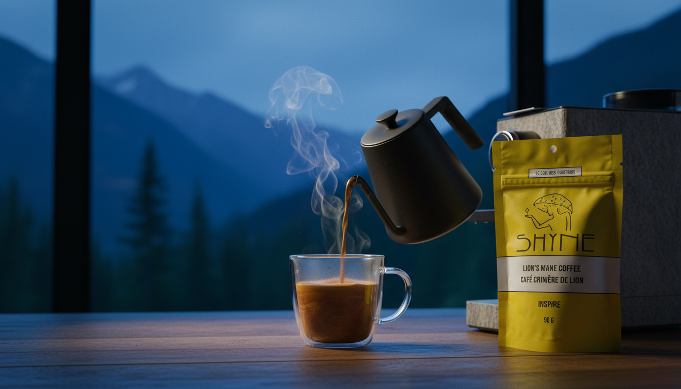 Close-up of mushroom coffee being prepared in modern kitchen, steam rising from cup