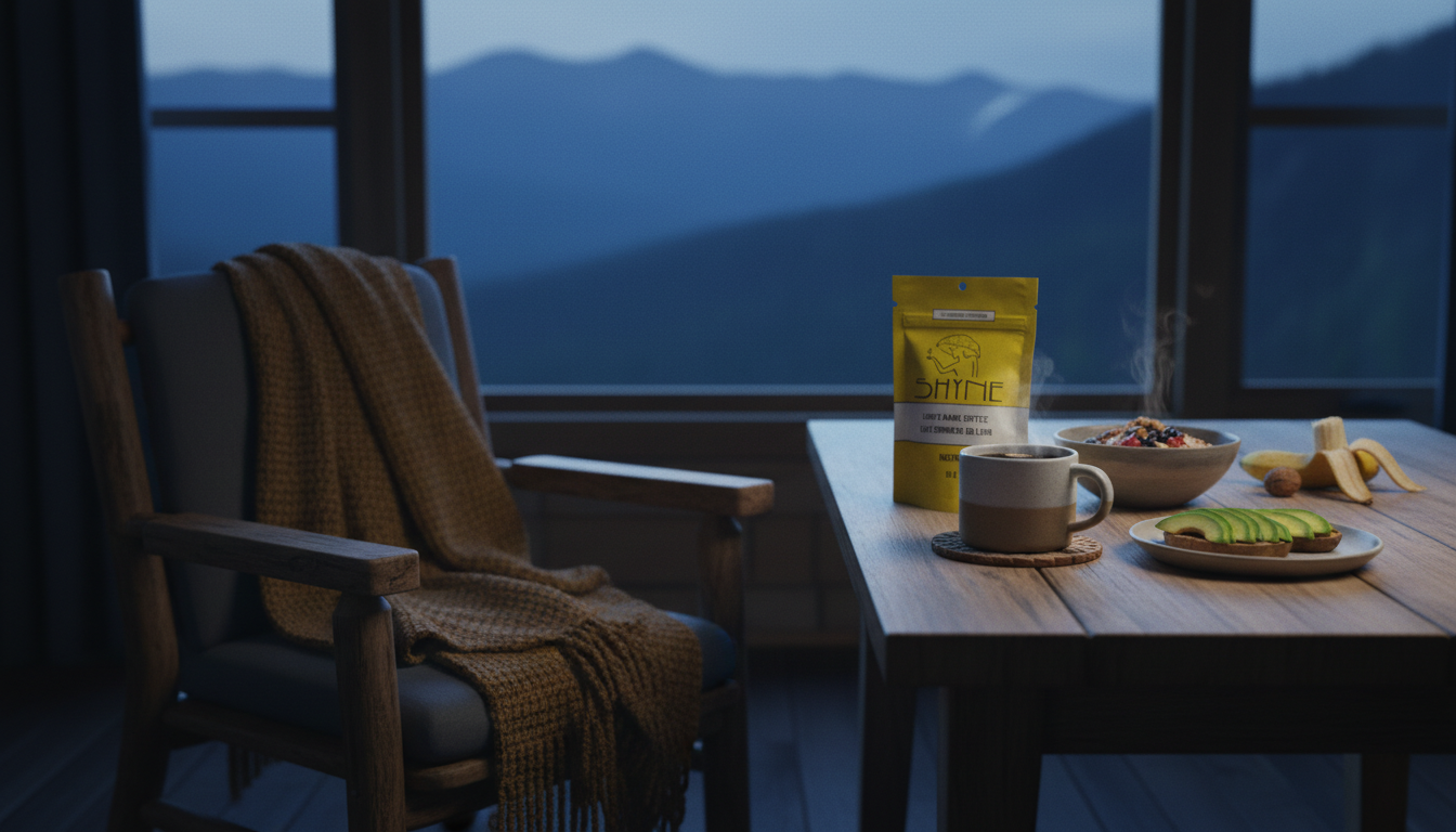 Cozy morning scene with Shyne mushroom coffee and healthy breakfast, natural lighting through window