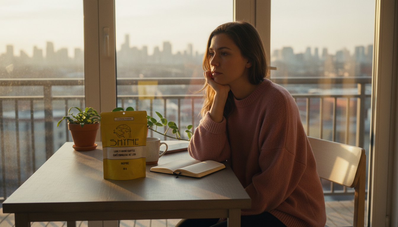 Person sitting at home office desk looking tired and unfocused, morning light streaming through window