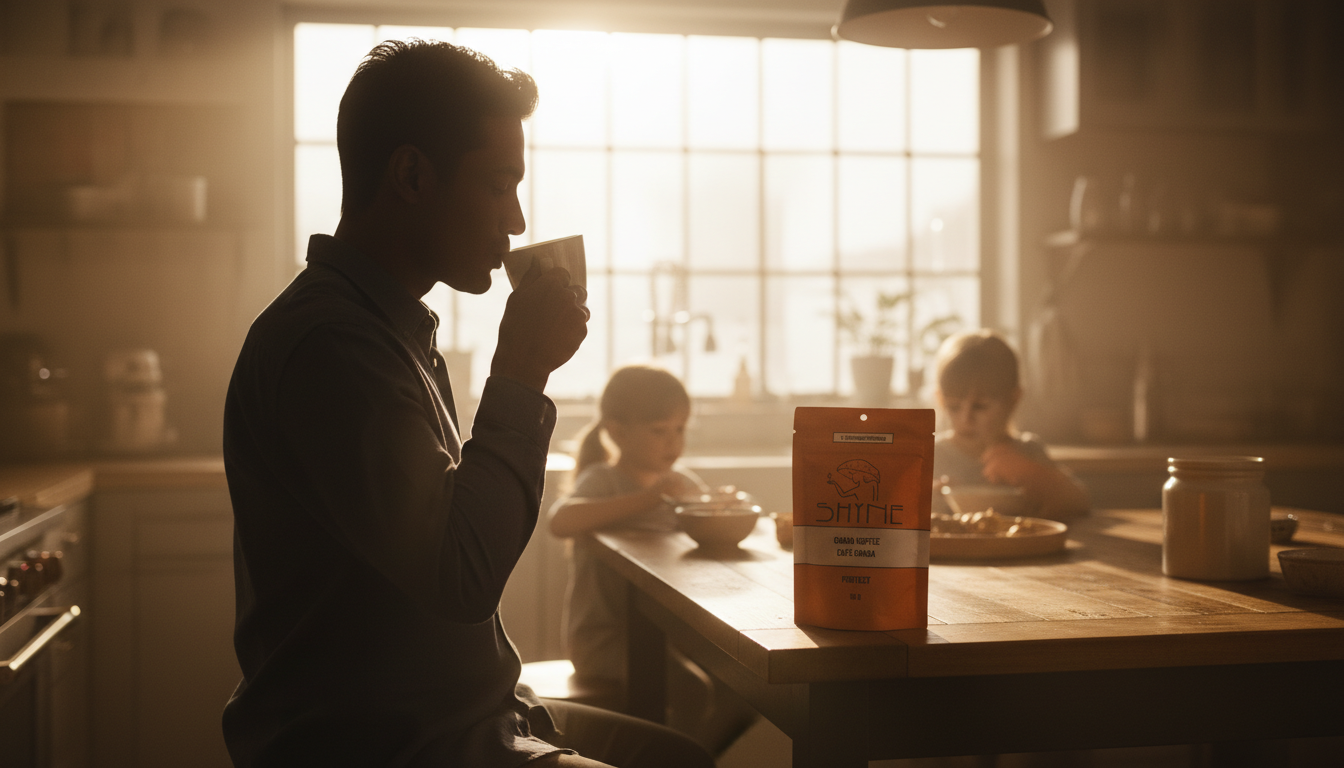 Busy parent enjoying mushroom coffee in kitchen while kids eat breakfast, warm morning light