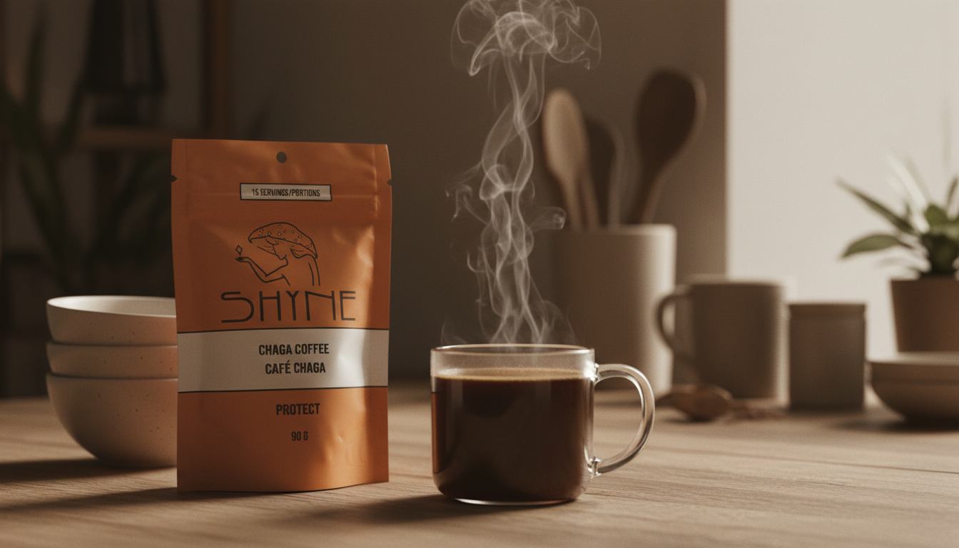 Close-up of instant mushroom coffee being prepared in busy kitchen, steam rising from mug