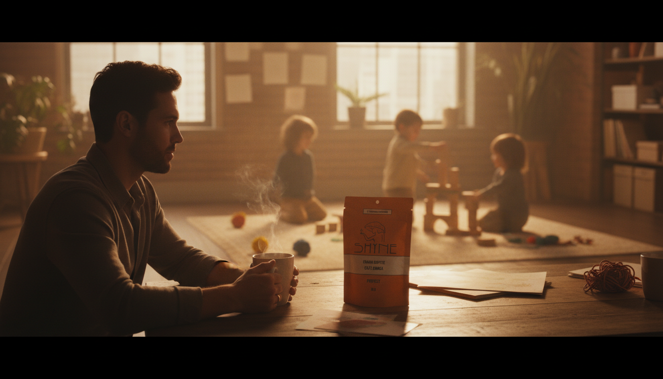 Parent enjoying mushroom coffee while kids play nearby, peaceful morning scene with natural lighting