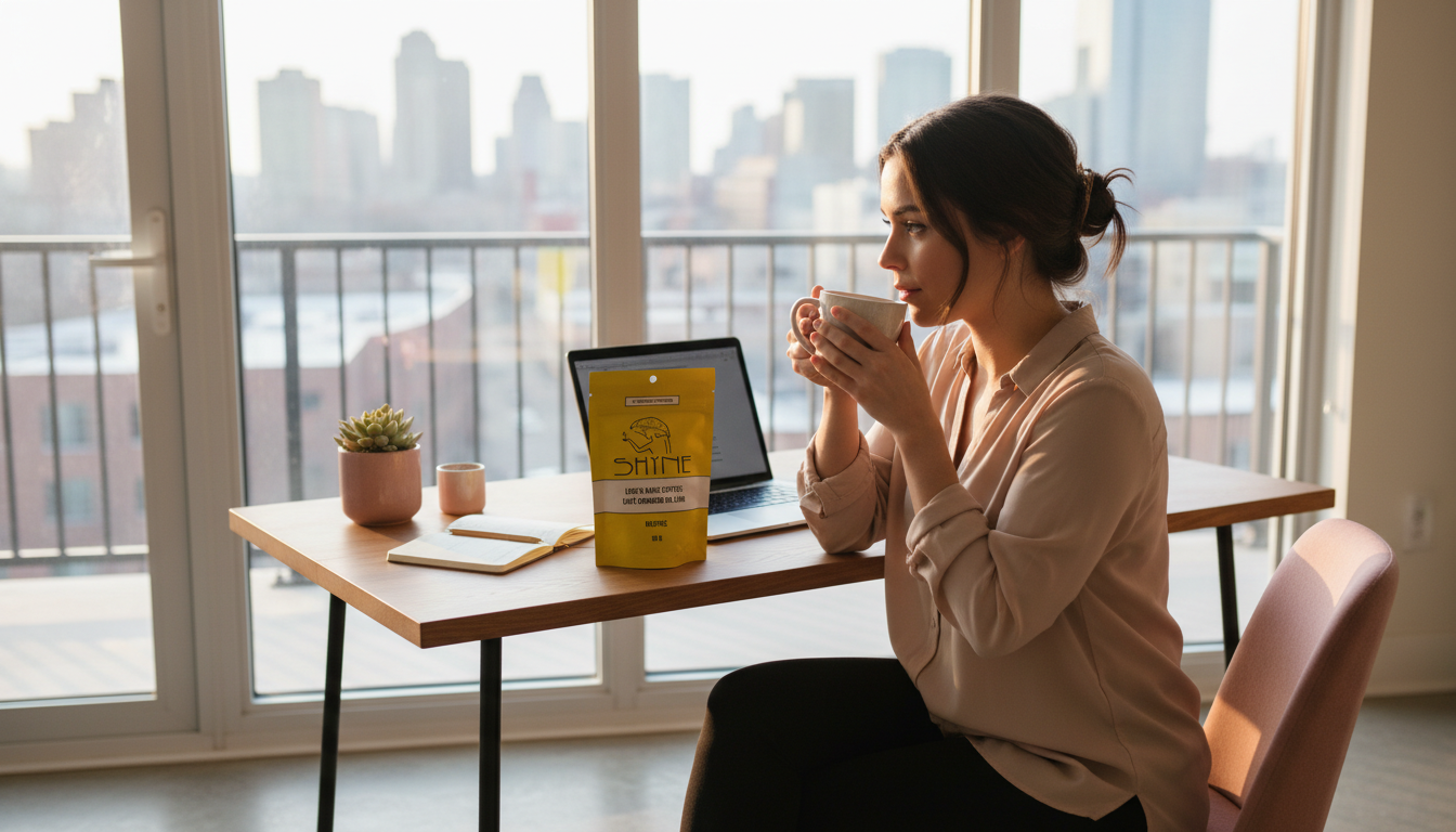Person enjoying mushroom coffee at home office desk, morning light streaming through window