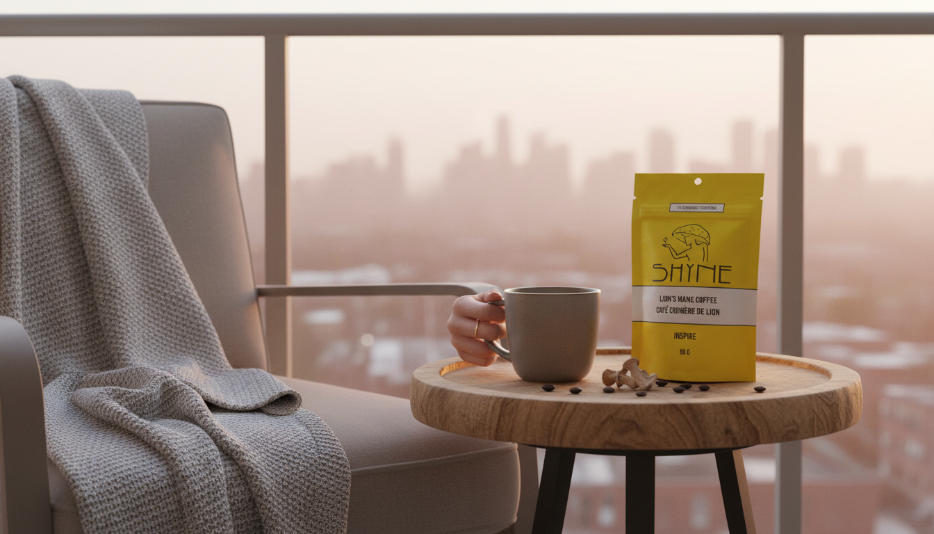 Cozy lifestyle scene with Shyne coffee product and relaxed morning atmosphere, natural lighting