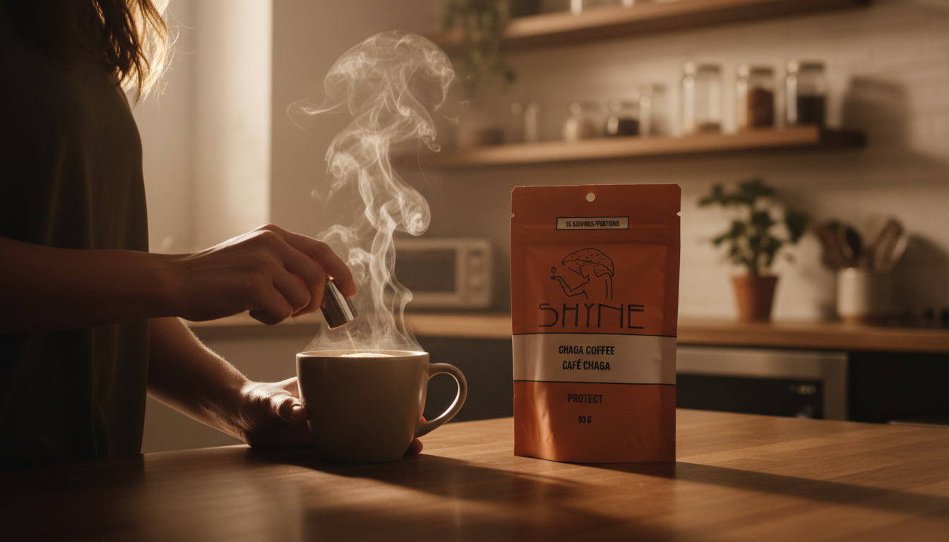 Close-up of mushroom coffee being prepared in sleek office kitchen, steam rising from cup