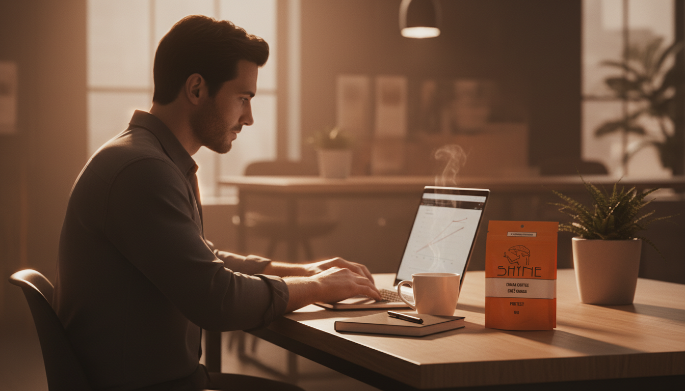 Entrepreneur taking a coffee break in modern co-working space, Shyne coffee cup on table with laptop and notepad