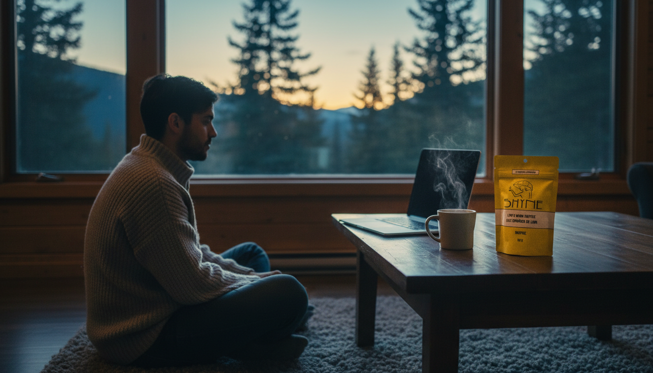 Entrepreneur working at laptop with steaming cup of mushroom coffee, morning light streaming through home office window