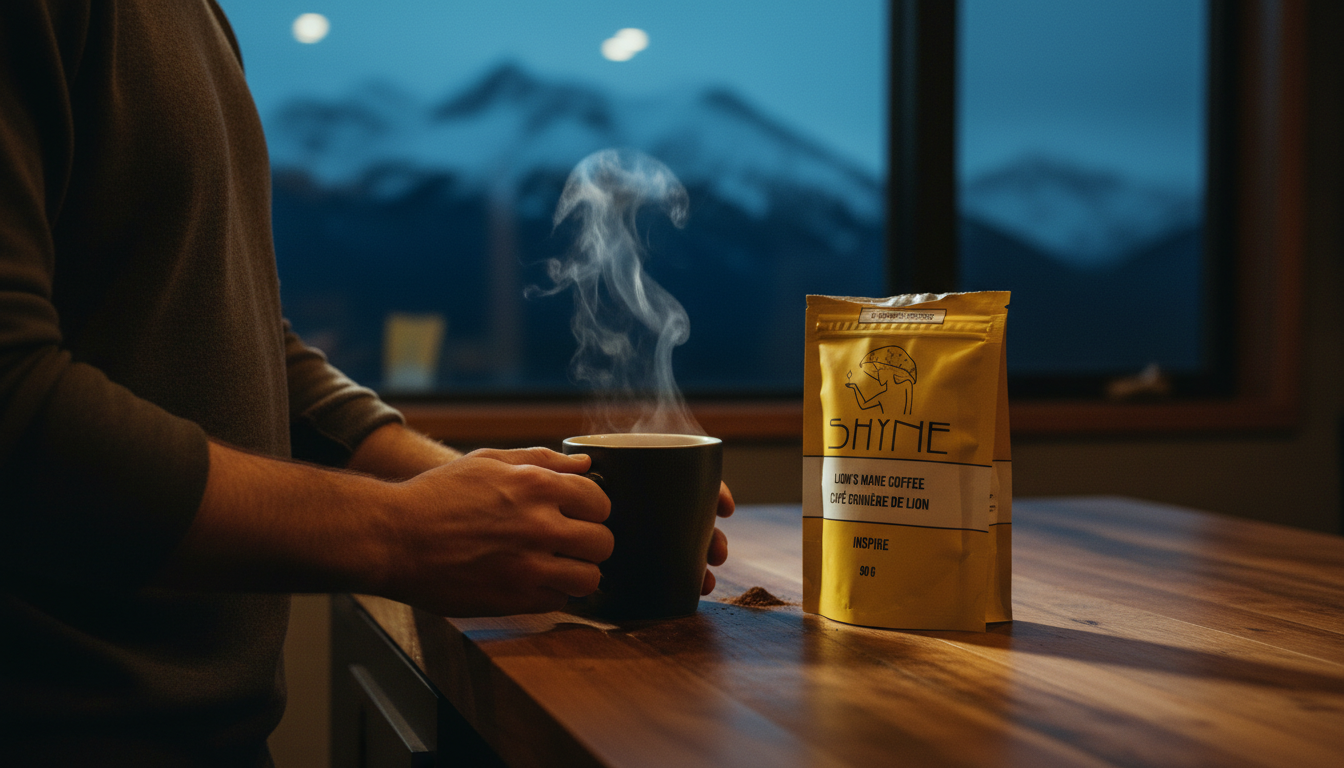 Close-up of hands preparing mushroom coffee in modern kitchen, steam rising from cup