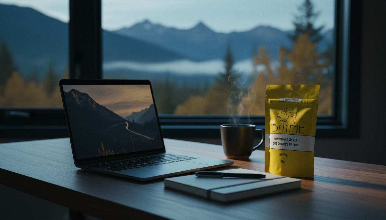 Organized home office desk with Shyne coffee, laptop, notebook, and natural morning light