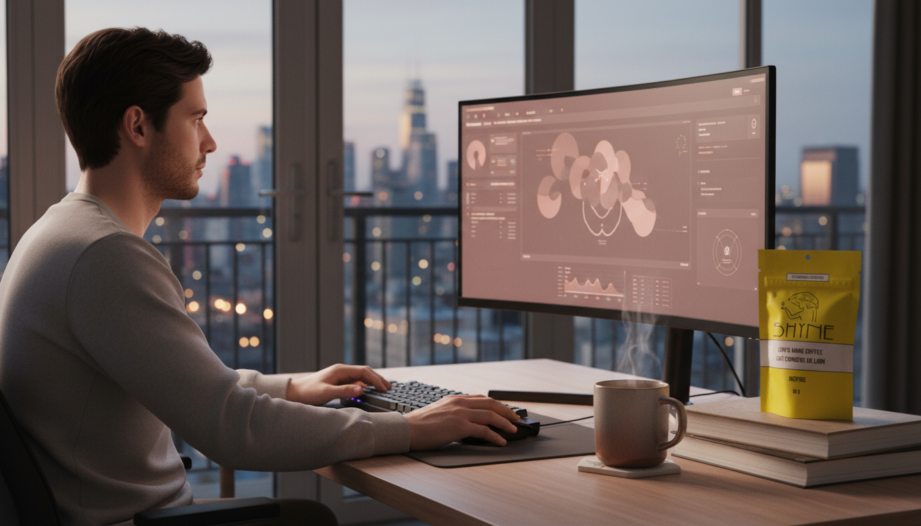 Gamer at setup with mushroom coffee, focused on screen, evening lighting