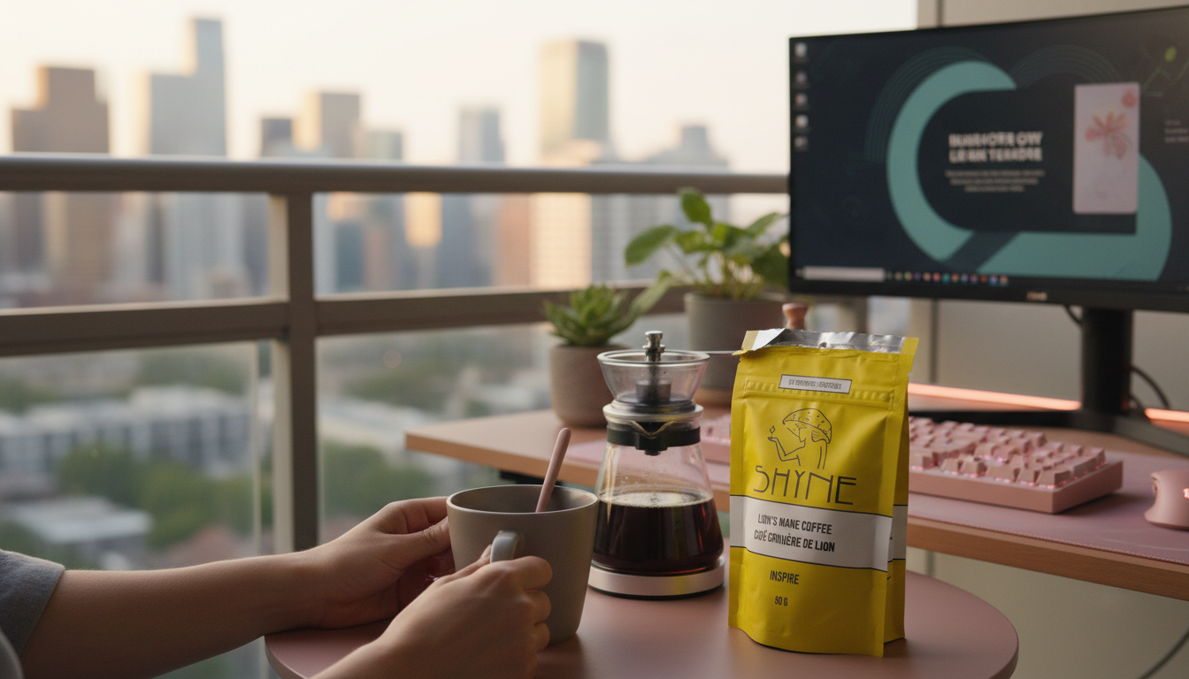 Close-up of mushroom coffee preparation with gaming setup in background