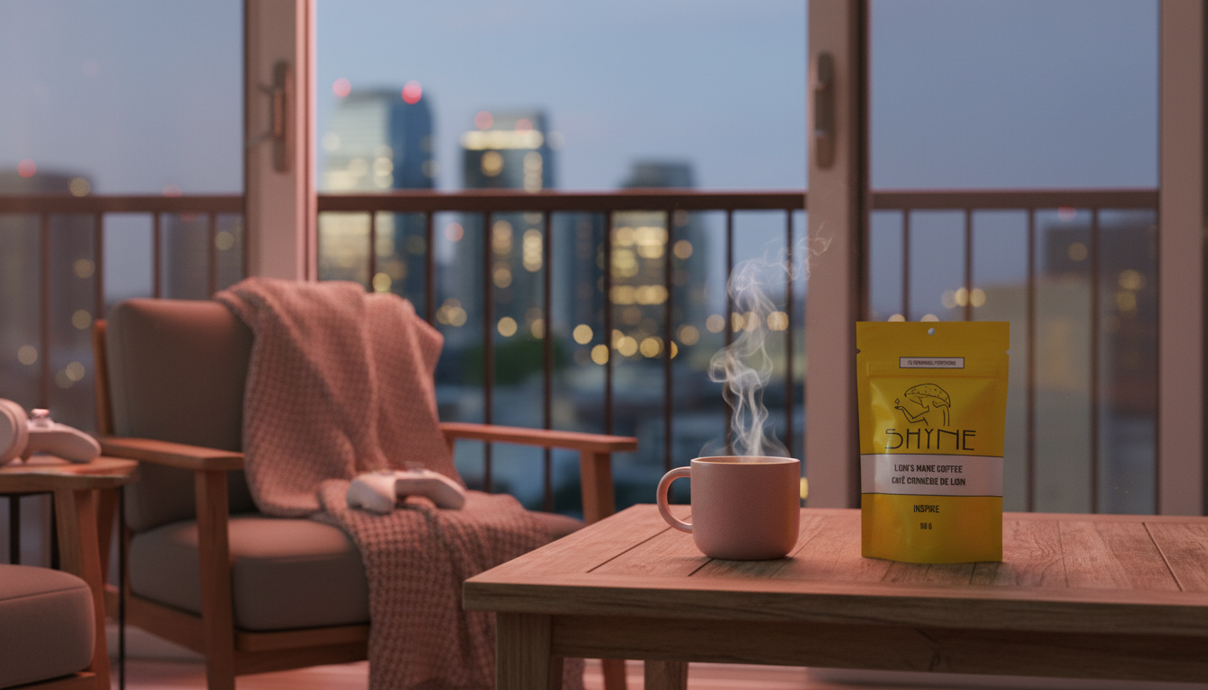 Relaxed gaming setup with steaming cup of mushroom coffee, cozy evening atmosphere