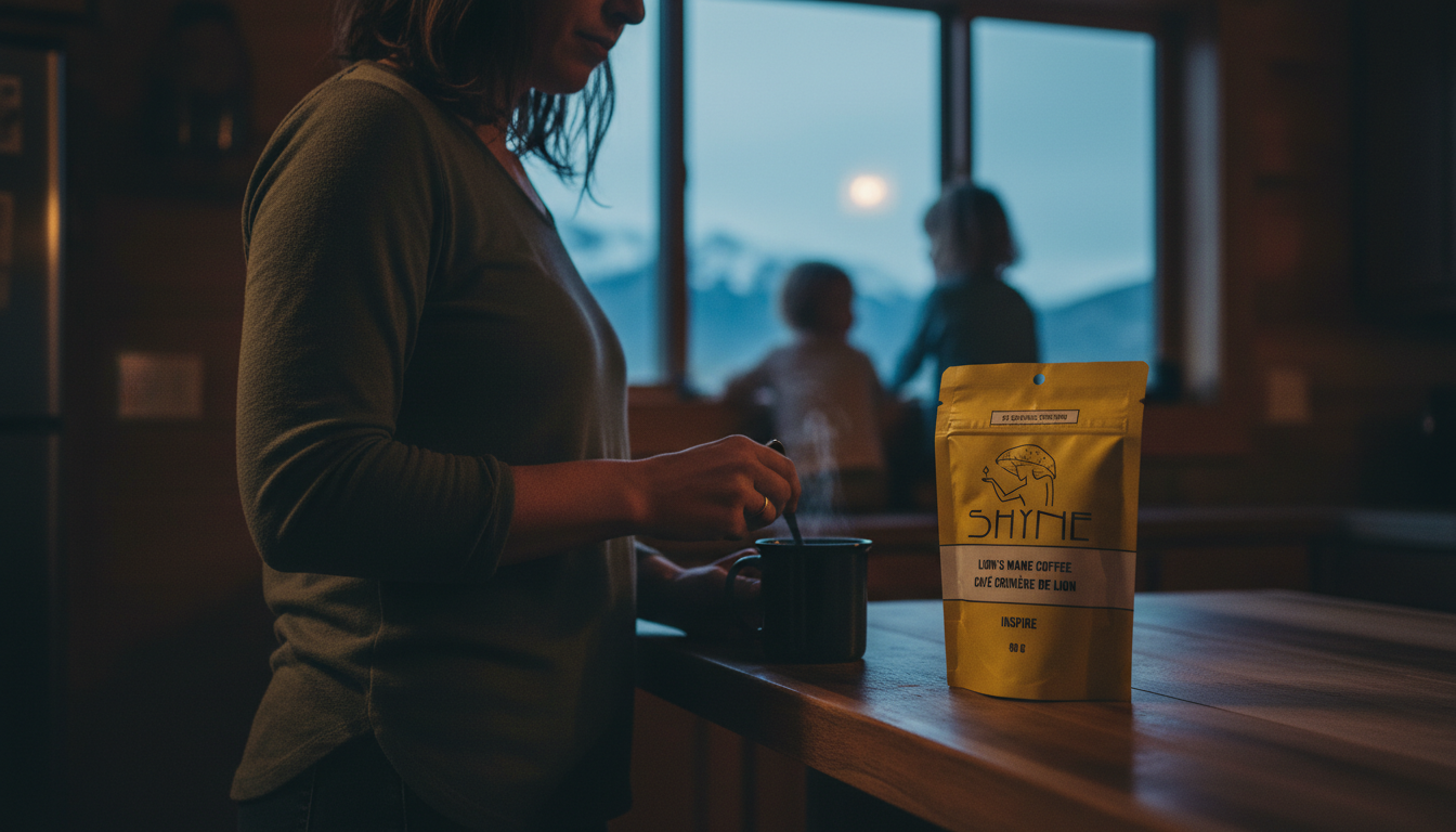 Busy parent preparing mushroom coffee in kitchen with children in background, morning light streaming through window
