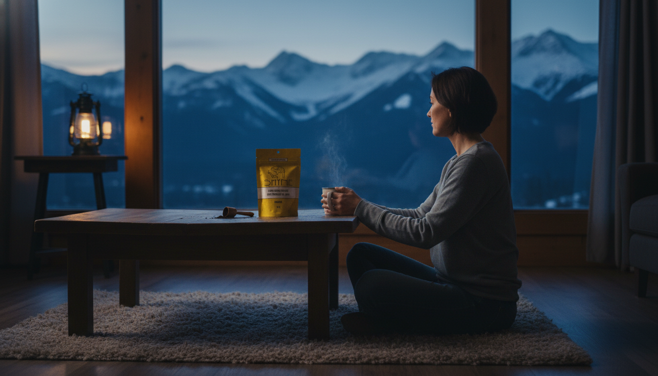 Parent enjoying quiet moment with mushroom coffee before family wakes up, peaceful morning atmosphere