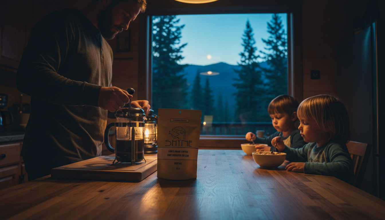 Family kitchen scene with parent preparing mushroom coffee while children eat breakfast, warm morning light